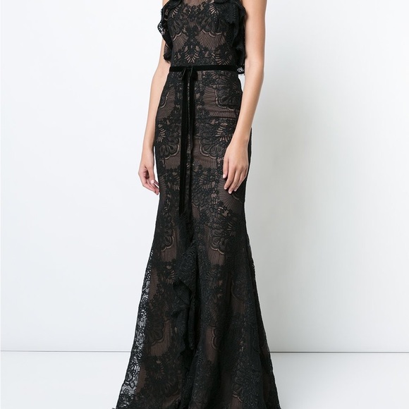 Marchesa Red Sleeveless Double Ruffle Lace Gown - Picture 6 of 6